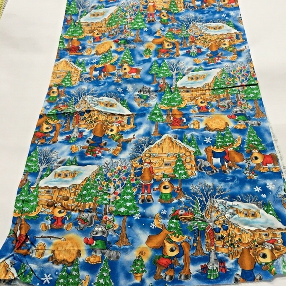 Christmas Fabric Moose Camping Log Cabin 100% Cotton Winter Colourful Fabricland - Picture 2 of 10